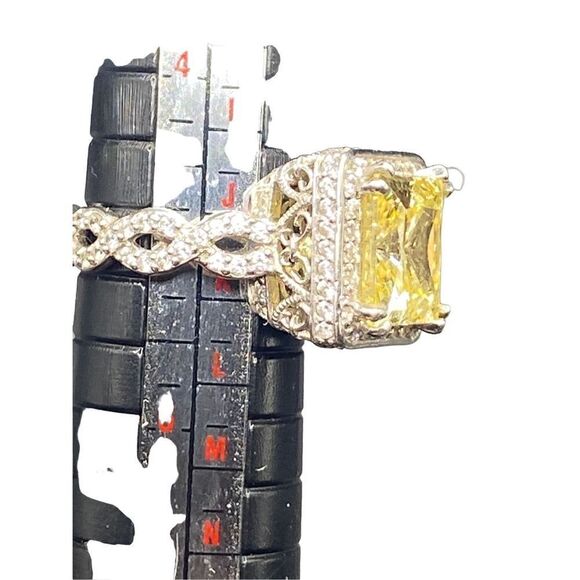 Sterling silver 925 Canary diamond princess cut CZ halo style high profile wrapp - Picture 12 of 16